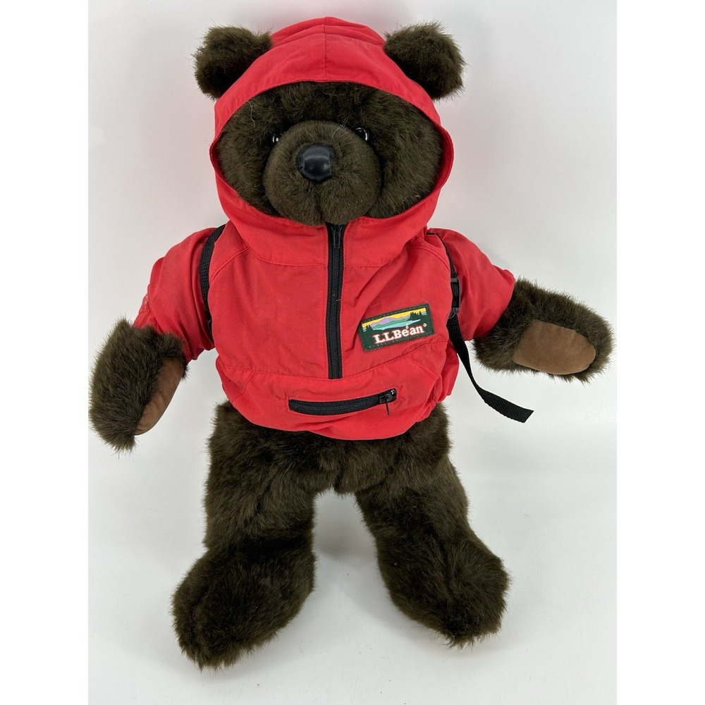 Vintage LL Bean Plush Brown Teddy Bear Red Rain Parka Anorak Jacket Backpack 16"